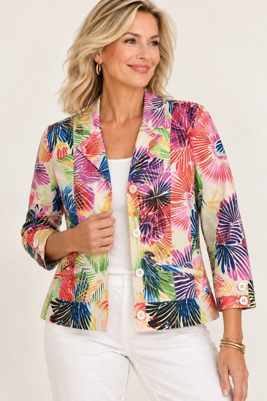 Chicos Button Front Jacket Vibrant Floral Palm Design Sz 2 US L Vacation Cruise